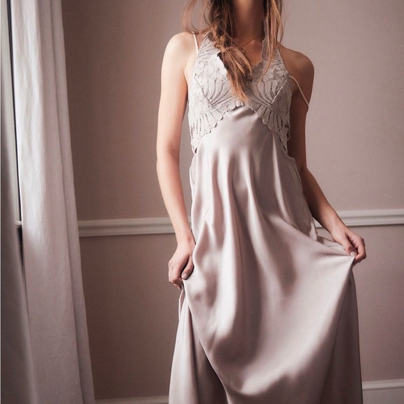 Free People Intimately Petal Party Midi Slip in Mushroom • NWT - Picture 2 of 11